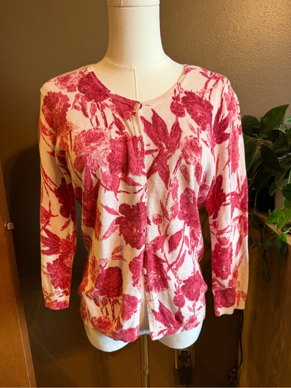 New York & Company Cream Cardigan with Pink Floral Print